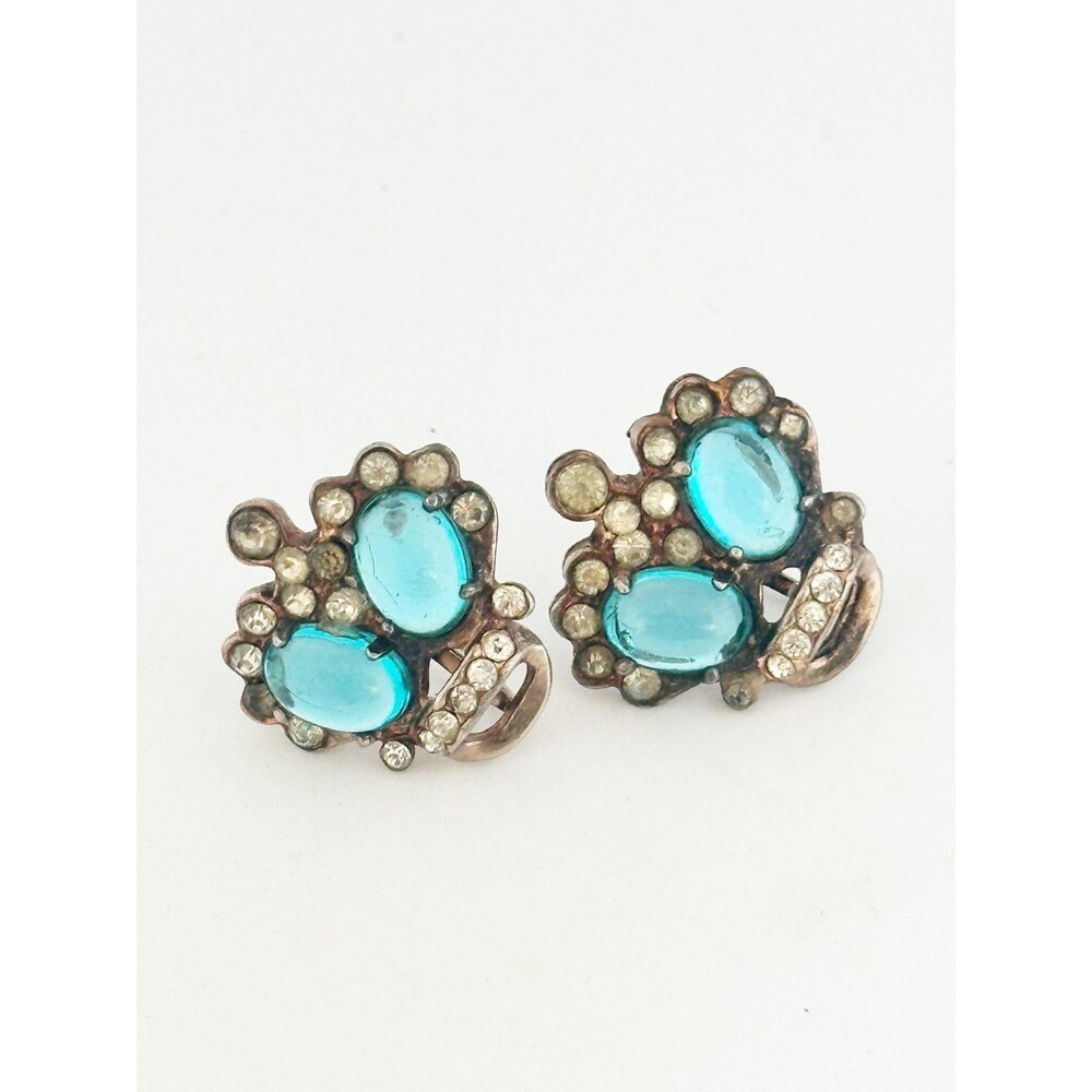 Vintage 1940s Sterling Crown Earrings Aqua Glass Cabochons